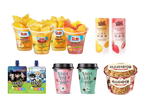 사진 왼쪽 상단부터 시계방향으로 DOLE(돌), 쟈뎅, 삼양식품, 푸르밀, 롯데제과 제품들